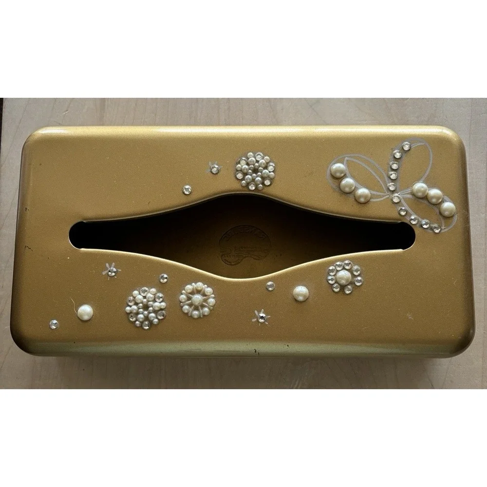 Vtg Ransburg Gold Metal Tissue Holder Rhinestone Faux Pearl Hollywood Regency